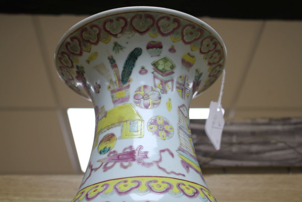 A Chinese famille rose hundred antiques vase, 19th century, H.37.5cm, drilled hole to base